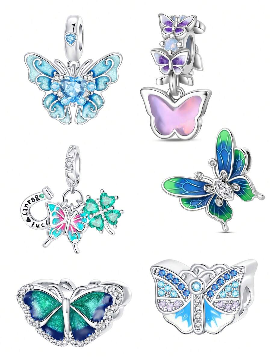 1pc Elegant 925 Silver Plated Colorful Zirconia & Enamel Butterfly, Clover DIY Bracelet Beads, Suitable For Girls/Mothers For Daily Wear, Summer, Carnival, Date, Anniversary