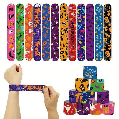 24pcs Halloween Clapping Bracelets - Plastic Wristbands With Ghost, Pumpkin, Bat And "BOO!" Patterns, Suitable For Children's Party Favors, Candy Bags, Gift Bag Fillers And Halloween Party Decorations, Halloween Accessories, Holiday Wristbands, Lightweight Bracelets