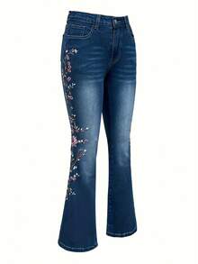 Ladies' Elegant Combination Denim Bell Bottom Pants, Decorated With Floral Embroidery, Suitable For All Seasons, Suitable For Daily Outings, Back To School Season, Rural Concerts