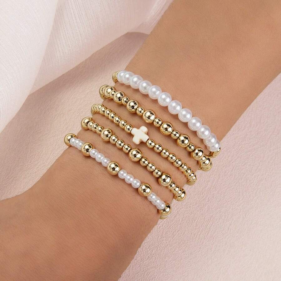 Women's Gold Bracelets Gold Beaded Bracelets Gold Beaded Ball Bracelets Stacking Sets Adjustable Pearl Beaded Bracelets 5-Piece Set - Vàng - Xem 1