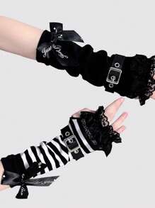 1 双 - Y2K 亚文化黑白条纹蕾丝袖套，洛丽塔甜美酷炫 JK 袖套，夏季薄款朋克风 - 蝴蝶結卡扣袖套 - 查看 1