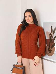 Women's Winter Knit Blouse With Textured Weave And Puff Sleeves - 鏽棕色 - 查看 2