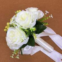1 件满天星玫瑰新娘婚礼花束、白色新娘花束、婚礼人造花束、伴娘花束（配丝带）、情人节、装饰珍珠蕾丝网玫瑰花束 - 彩色 - 查看 12