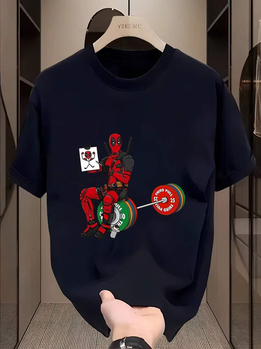 Deadpool Graphic T-Shirt - Unisex Summer Casual Wear, Cool & Breathable Short Sleeve Round Neck Tee For Men And Women, Perfect For Parties, Birthdays, And Daily Commute, Navy Blue With Deadpool Design - 黑色 - 查看 1