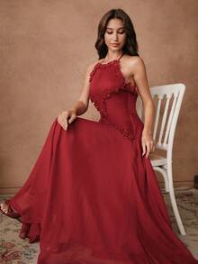 Savoree Elegante abito midi rosso con spalline a spaghetti, vita arricciata e balza sul fondo, abito da festa formale di alta gamma