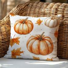 1pc Autumn Pumpkin & Maple Leaf Decorative Pillow Cover, Single-Sided Printed Velvet Fabric, 45*45CM/18*18inch Cushion Cover For Modern Fabric Sofa Indoor Decor, Party Decoration