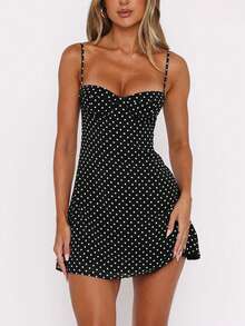 情人节女士穿搭：短款夏日连衣裙，饰有吊带、波点元素和性感印花 - 黑色 - 查看 4