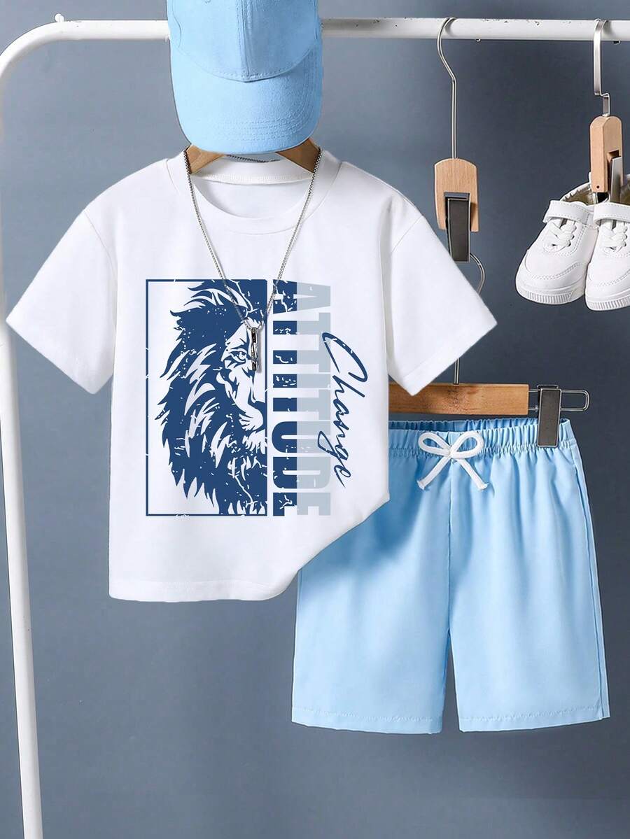 Setelan Musim Panas untuk Anak Laki-Laki Usia Remaja: Kaos Lengan Pendek Bergambar Kartun dan Celana Pendek - Biru - View 1