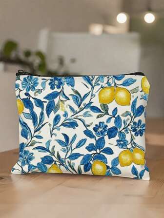 Lemon Theme Makeup Bag - Lemon And Floral Print, Lemon Gift, Fruit Yellow Lemon Makeup Bag, Women'S Travel Beauty Bag, Travel Makeup Bag, Suitable For Travel, Vacation, Business, Fitness, Camping And Outdoor Use, Lemon Decoration, Hand Wash Available, Travel Essential, Fashion Style, Durable Novelty Bag, Women'S Gift, Travel Essentials For Vacation Summer Vacation Back To School School Supplies Bag School Toiletry Bag Trave(Random Printing)