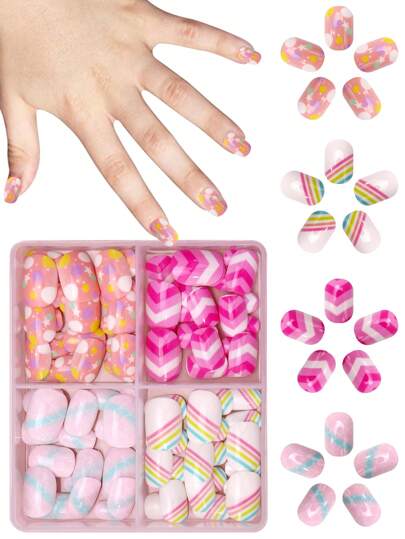 96 st/set barn lösnaglar akryl för limning heltäckande glitter söta komplexa färger prickar, zebraränder, regnbågsränder, fiskfjäll och andra element korta barn självhäftande lösnaglar set för barn små flickor - söt texturtema