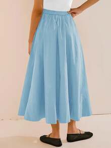 Womens A-Line Midi Skirt Elastic High Waist Pleated Flowy Swing Casual Long Skirt With Pocket - 淺藍色 - 查看 2