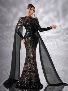 Elisanya Women Formal Banquet Dress Elegant Luxury Gradient High Neck Sequin Contrast Chiffon Glittery Dress Long Sleeve Birthday Party Wedding Guest Graduation Dinner Ceremony Celebration Ceremonial Dress