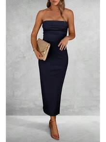 Women's Summer Bodycon Maxi Tube Dress Ribbed Strapless Side Slit Long Going Out Casual Elegant Party DressesHalloween Christmas New Year - 海軍 - 查看 7