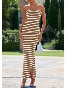 Women's Summer Bodycon Maxi Tube Dress Ribbed Strapless Side Slit Long Going Out Casual Elegant Party DressesHalloween Christmas New Year - 寬條紋棕白色 - 查看 3
