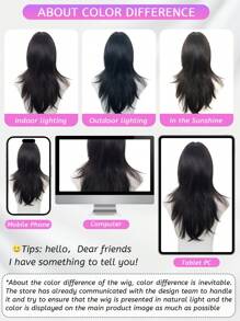 1 Synthetic Heat-Resistant Wig, Black Long Straight Wig With Bangs, Made Of 24 Feet Long Fiber, Suitable For Daily Use, Natural Artificial Wig - Black - View 7