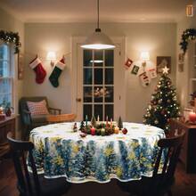 1/36 piezas Mantel decorativo impreso digitalmente con diseño de copos de nieve y árboles de Navidad - Rectangular y redondo de poliéster lavable, adecuado para decoración de comedor interior, reunión familiar, regalo, fiesta festiva, sala de estar, cocina, banquete de hotel