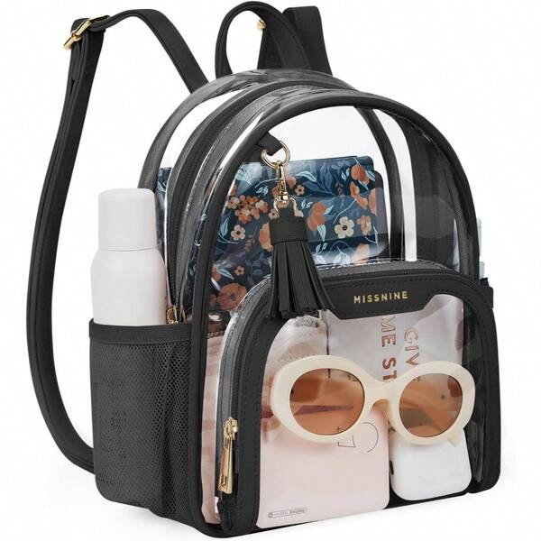 Missnine Clear Backpack Stadium Approved, Thick PVC Mini Clear Bag With Leather Trim For Sports Event, Concert, Festival, Khaki