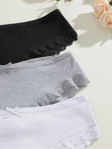 3pcs/Set Cotton Solid Color Lace Patchwork Bow Design Criss-Cross Back Breathable Sexy Women's Underwear Set