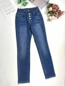 Winter Warm Thick Mid Waist Vintage Washed Elastic Skinny Jeans With Whisker Details Multiple Buttons - Blue - View 8