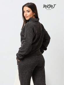 WMS Women's Woolen Ribbed Crew Neck Pants Set SimpleElegantCasualCutePocket - Black and White - View 3