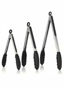 不粘牛排煎锅夹、硅胶和不锈钢烧烤钳、耐热食物夹 - 黑色 - 查看 1