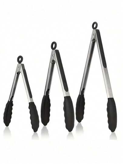 不粘牛排煎锅夹、硅胶和不锈钢烧烤钳、耐热食物夹