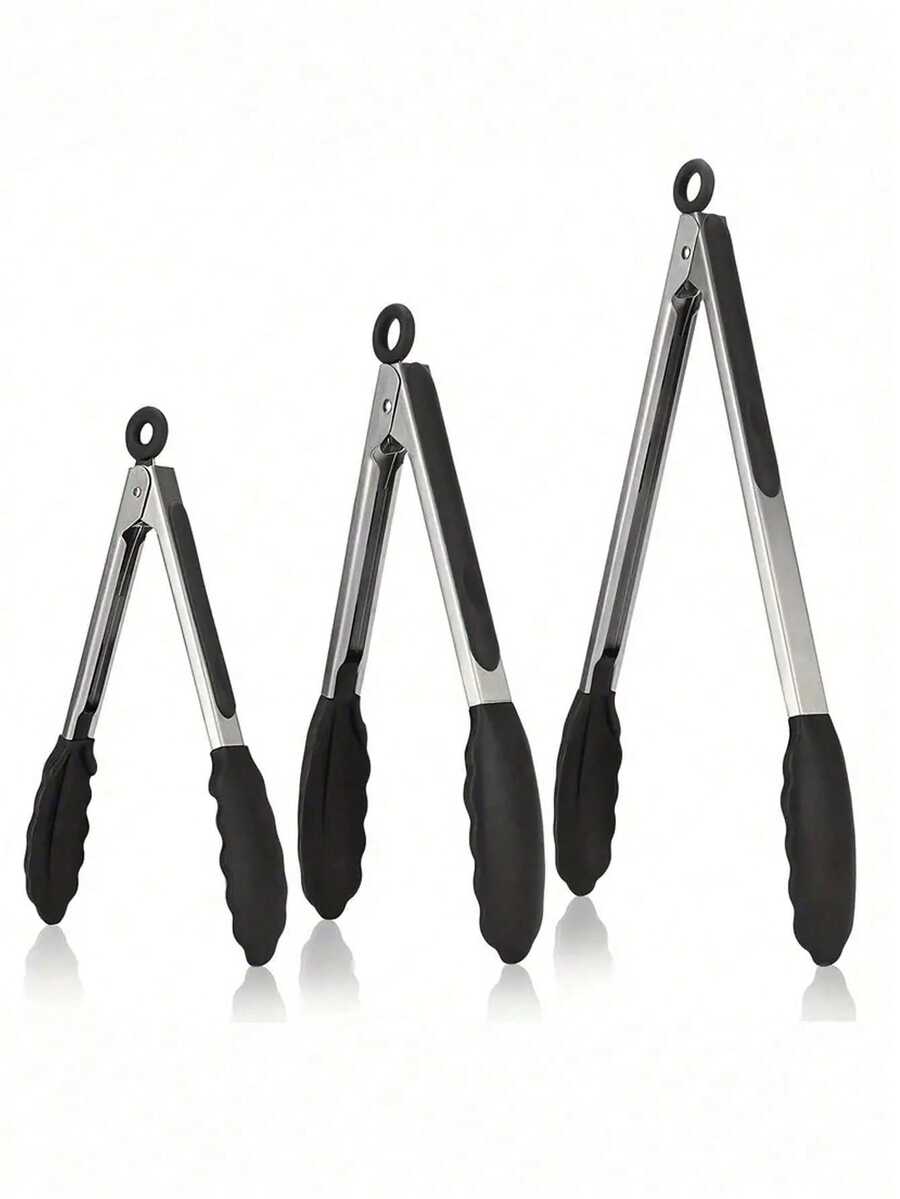 不粘牛排煎锅夹、硅胶和不锈钢烧烤钳、耐热食物夹 - 黑色 - 查看 1