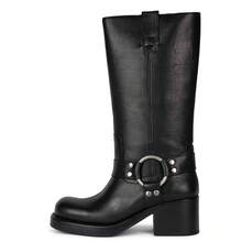 Studded Block Heel Riding Vintage Boots For Women Round Toe Knee High Western Boot Womens Pull On Platform Motorcycle Wide Calf Cowboy Boots Dress Tall Leather Boots - 黑色 - 查看 2