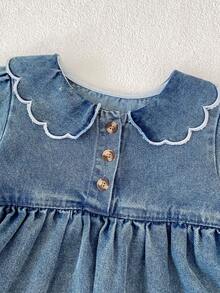 Bộ áo liền quần mùa thu mới cho bé gái, áo liền quần thêu bèo nhún, áo liền quần tam giác denim ngọt ngào thoải mái cho bé tập bò (Sản phẩm này có kiểu dáng rộng rãi, vui lòng chọn nhỏ hơn một size nếu bạn muốn kiểu dáng ôm sát hơn) - Màu xanh lam - Xem 5