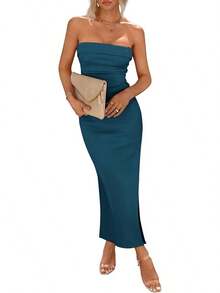Women's Summer Bodycon Maxi Tube Dress Ribbed Strapless Side Slit Long Going Out Casual Elegant Party DressesHalloween Christmas New Year - 深藍色 - 查看 1
