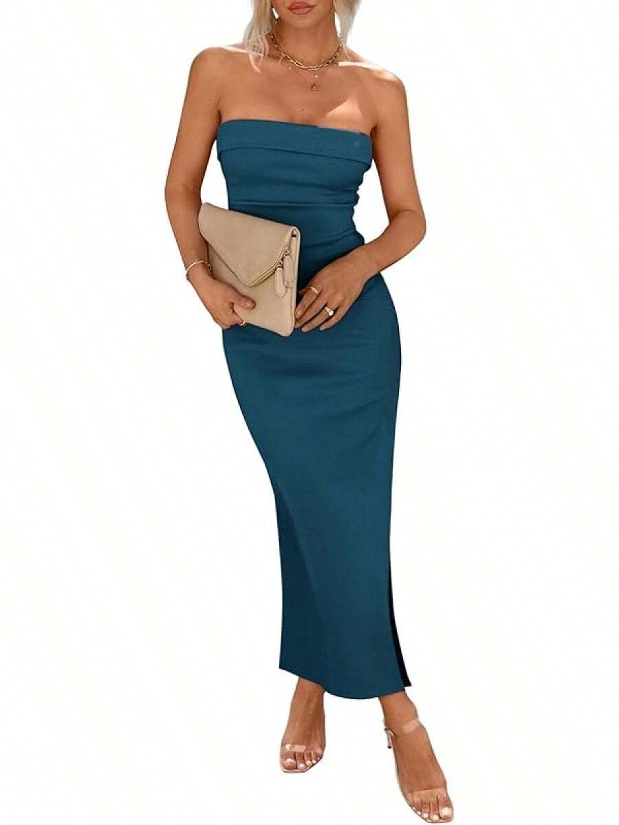 Women's Summer Bodycon Maxi Tube Dress Ribbed Strapless Side Slit Long Going Out Casual Elegant Party DressesHalloween Christmas New Year - 深藍色 - 查看 1