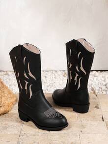 New Black Western Cowboy Style Party Soft Leather Casual Fashion Outdoor Children High Heel Boots - Black - View 2