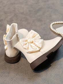 Kids' Leather Ankle Boots - Black, White, Bow & Faux Pearl "Back To School Season""Black Leather Shoes""School Shoes""Young Girls' Shoes""Girls' Shoes"