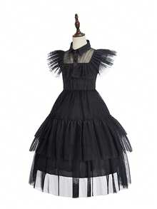 3pcs/Set Girls Black Mesh Ruffle Collar Sleeveless Dress Crown Magic Wand Set Children Witch Costume Girls Role Play Outfit Carnival Halloween Stage Performance Costume Book Week Costume - Black - View 6