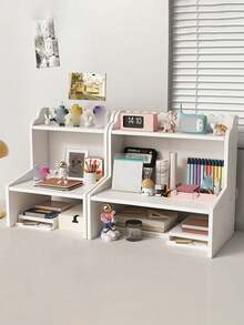 1pc White Wood-Plastic Composite Storage Rack For Bedroom,Living Room,Office, Dorm Desktop Organizer For Cosmetics, Figurines, Books, Pens, Calendar, Lipstick, Facial Mask Etc. Acrylic Ladder Display Stand, 3-Tier Trapezoidal Display Stand, Home Storage Display Stand Jewelry Cosmetics Display Stand, Multi-Layer Organizer Transparent Display Stand Cake Stand Perfume Rack - White - View 3