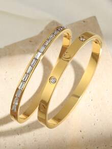 2 piezas Elegantes brazaletes de acero inoxidable con baño de oro con forma de corazón, a prueba de agua y antifading, joyería para mujer, regalo para el Día de San Valentín, mamá, madre, Día de la Madre - pulsera - Ver 7