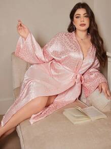 Pink Plus Size Women Long Robe Leopard Print Jacquard Bathrobe Kimono Homewear Nightwear - Pink - View 6