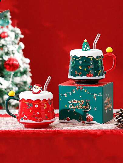 1 pieza Taza navideña, taza de agua doméstica creativa de dibujos animados con tapa, taza de cerámica de alta calidad, set de regalo, regalo de Navidad