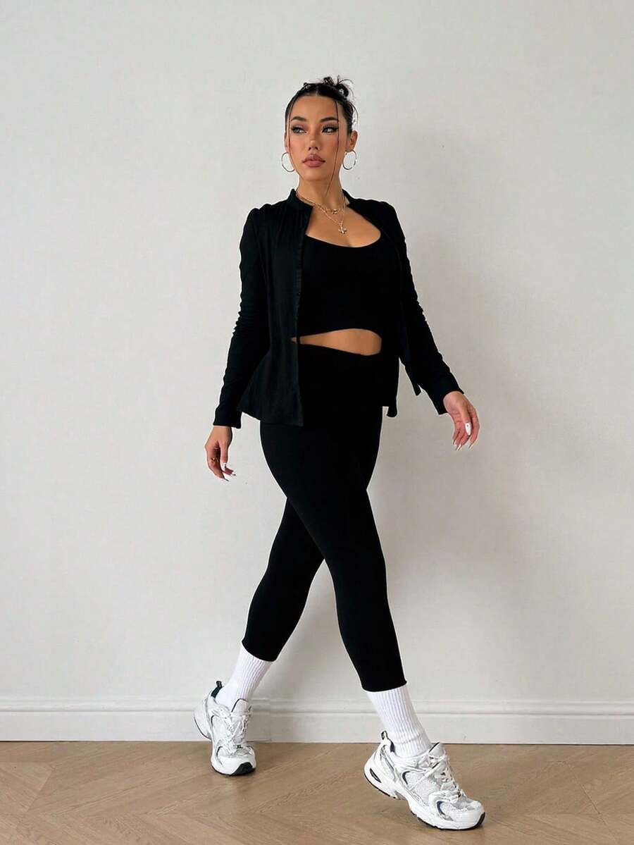 Women's 3-Piece Fitness Set Kit: Gym Clothing, Yoga Jacket, Top, And High-Waisted Leggings - màu đen - Xem 1