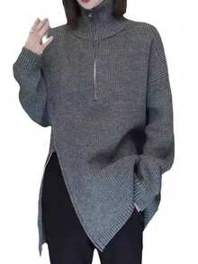 女士长袖针织毛衣上衣，新款秋冬半拉链领拉链下摆开叉休闲套头衫 - 灰色 - 查看 5