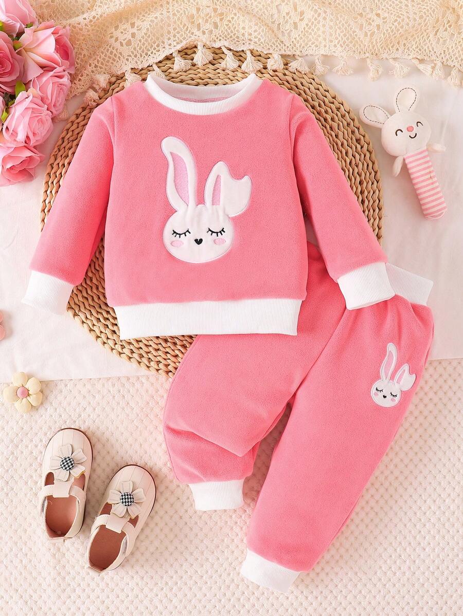 2pcs Baby Girls Cute Rabbit Embroidery Reversible Fleece Crew Neck Long Sleeve Top And Embroidered Detail Pants Children Winter Matching Set, Soft Plush Fabric Suitable For Outdoor