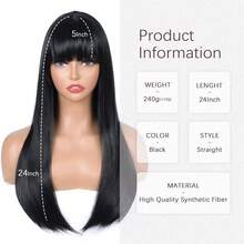 Peluca negra con flequillo para mujeres, peluca negra larga y recta resistente al calor, peluca sintética para uso diario, fiesta, Halloween y cosplay de 24 pulgadas