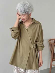 FRIFUL 女士休闲宽松纯色系带衬衫，翻领长袖，秋季 - 卡其色 - 查看 5