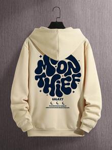 K-GLORY 男士宽松版月盗印花袋鼠口袋连帽衫，秋冬款 - 杏色 - 查看 6