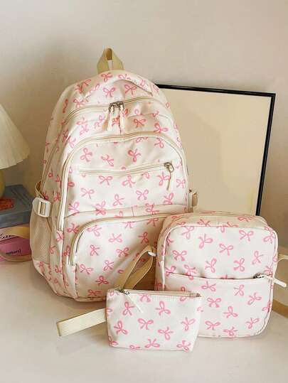 مجموعة 3 حقائب ظهر مطبوعة بالفيونكة من النايلون قابلة للطي متعددة الجيوب سعة كبيرة مزودة بسحاب، مناسبة للمراهقين وطلاب المدارس والجامعات للاستخدام اليومي والتنقل والسفر، هدية رائعة لعيد الحب