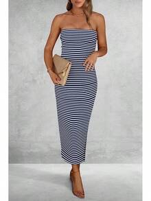 Women's Summer Bodycon Maxi Tube Dress Ribbed Strapless Side Slit Long Going Out Casual Elegant Party DressesHalloween Christmas New Year - 條紋海軍白 - 查看 3
