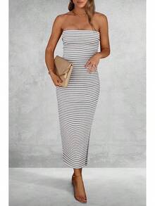 Women's Summer Bodycon Maxi Tube Dress Ribbed Strapless Side Slit Long Going Out Casual Elegant Party DressesHalloween Christmas New Year - 條紋淺灰白 - 查看 3