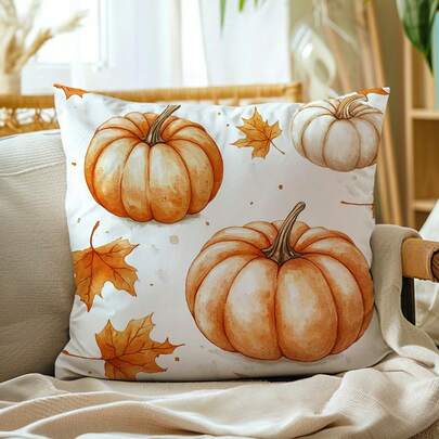 1pc Autumn Pumpkin & Maple Leaf Decorative Pillow Cover, Single-Sided Printed Velvet Fabric, 45*45CM/18*18inch Cushion Cover For Modern Fabric Sofa Indoor Decor, Party Decoration