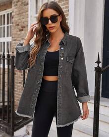 Chaqueta de jean con botones, dobladillo deshilachado, mangas largas y bolsillos para mujer, de talla grande - Gris ahumado - Ver 2