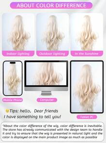1 Piece Of Synthetic Heat-Resistant Curly Hair With Bangs, Long Rolled White Gold Wig, 28 Inches Long Woven Daily Natural And Realistic Wig (Without Accessories) - Gold - View 8